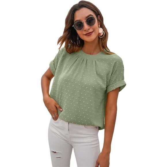 Women's Casual Swiss Dots Chiffon Ruffle Front Short Sleeve Work Office Blouse - Picture 1 of 6
